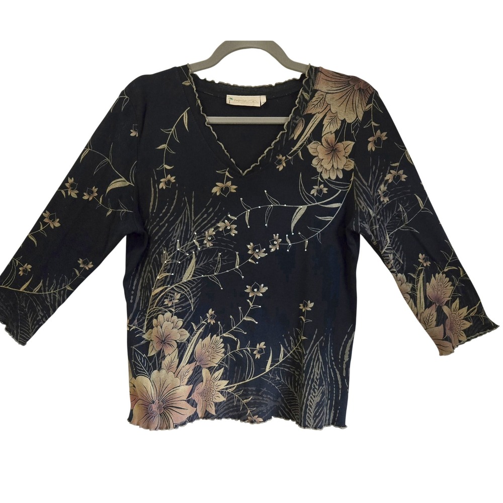 Impulse California Womens Boho Black Floral V-Neck 3/4 Sleeve Lettuce Edge Top M